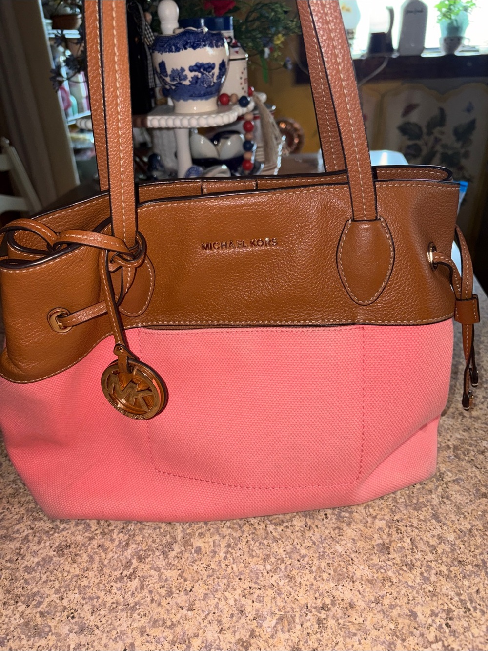 Michael Kors Coral Canvas Tote with Brown Leather Trim